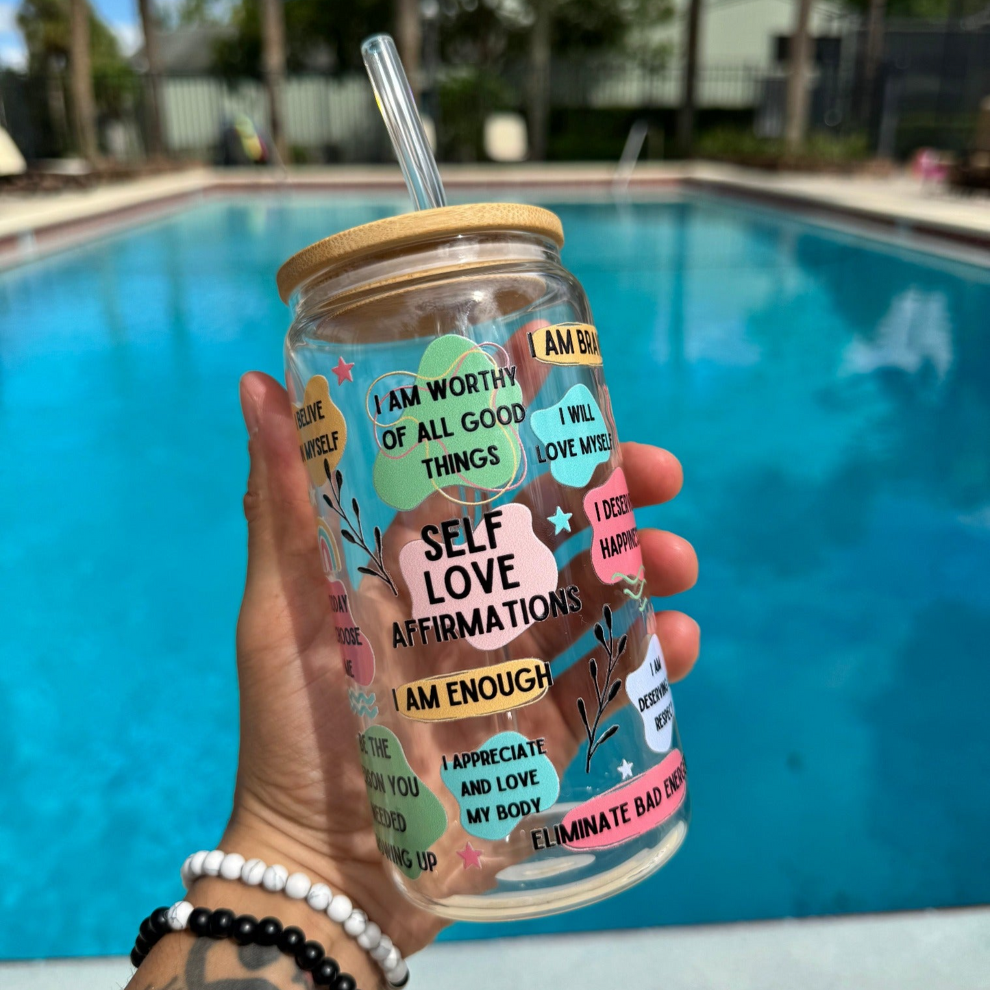 Self Love Affirmations 16oz Glass Cup